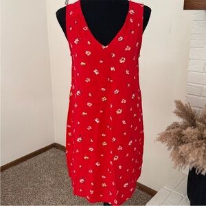 GAP Red Sleeveless V-Neck Midi Dress with Floral Print